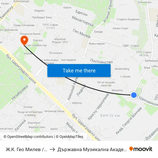 🚌🎓 Ж.К. Гео Милев / Geo Milev Qr. (0597) to Държавна Музикална Академия - Инструментален Факултет map