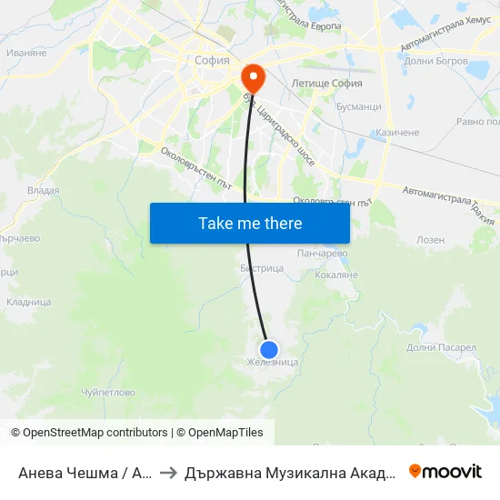 Анева Чешма / Aneva Cheshma (0075) to Държавна Музикална Академия - Инструментален Факултет map