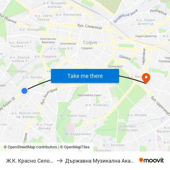 Ж.К. Красно Село / Krasno Selo Qr. (0636) to Държавна Музикална Академия - Инструментален Факултет map