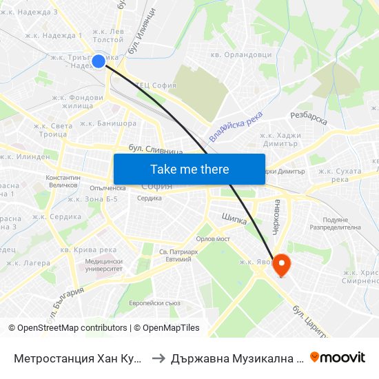 Метростанция Хан Кубрат / Khan Kubrat Metro Station (2477) to Държавна Музикална Академия - Инструментален Факултет map