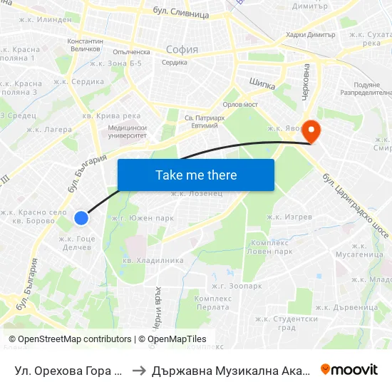 Ул. Орехова Гора / Orehova Gora St. (2088) to Държавна Музикална Академия - Инструментален Факултет map
