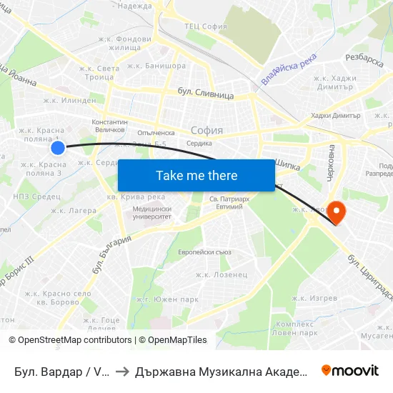 Бул. Вардар / Vardar Blvd. (0292) to Държавна Музикална Академия - Инструментален Факултет map
