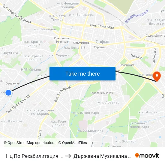 Нц По Рехабилитация / National Rehabilitation Centre (0098) to Държавна Музикална Академия - Инструментален Факултет map