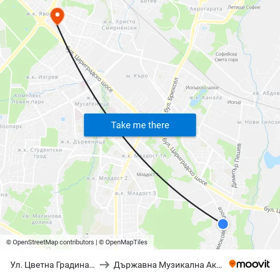Ул. Цветна Градина / Tsvetna Gradina St. (2257) to Държавна Музикална Академия - Инструментален Факултет map