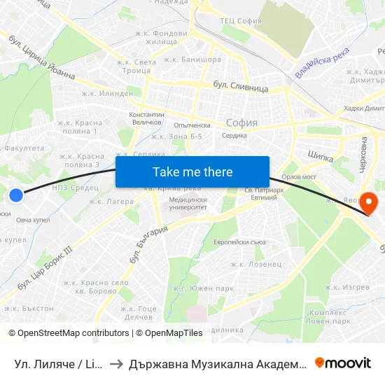 Ул. Лиляче / Lilyache St. (2030) to Държавна Музикална Академия - Инструментален Факултет map