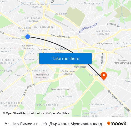 Ул. Цар Симеон / Tsar Simeon St. (2251) to Държавна Музикална Академия - Инструментален Факултет map