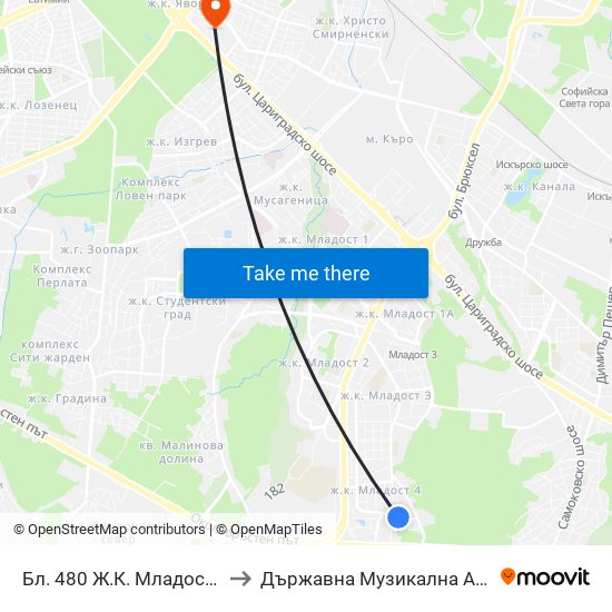 Бл. 480 Ж.К. Младост 4 / Bl. 480, Mladost 4 Qr. (2394) to Държавна Музикална Академия - Инструментален Факултет map