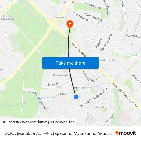 Ж.К. Дианабад / Dianabad Qr. (0627) to Държавна Музикална Академия - Инструментален Факултет map
