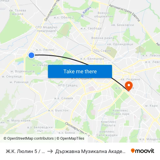 Ж.К. Люлин 5 / Lyulin 5 Qr. (0656) to Държавна Музикална Академия - Инструментален Факултет map