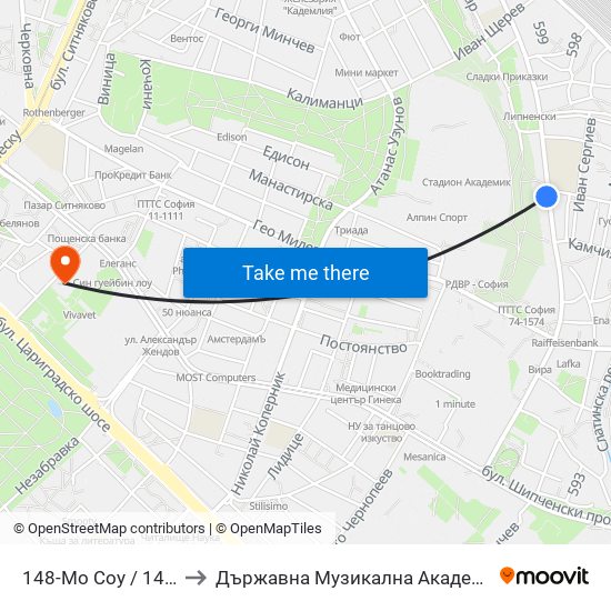 148-Мо Соу / 148-Th School (0687) to Държавна Музикална Академия - Инструментален Факултет map