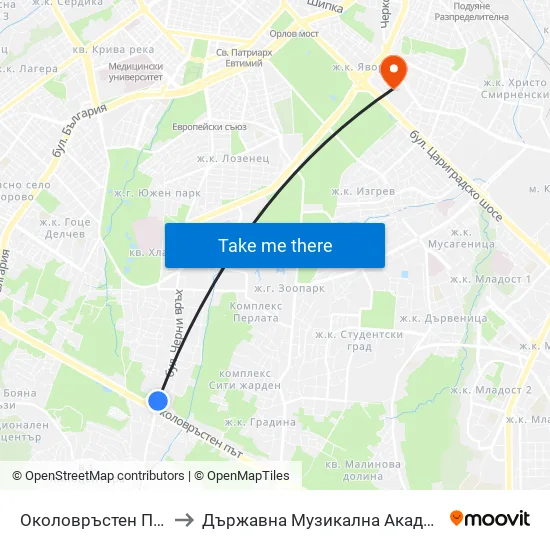 Околовръстен Път / Ring Road (1176) to Държавна Музикална Академия - Инструментален Факултет map