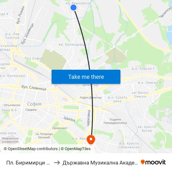 Пл. Биримирци / Birimirtsi Sq. (1268) to Държавна Музикална Академия - Инструментален Факултет map