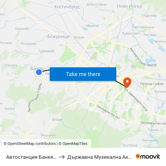 🚌 Автостанция Банкя / Bankya Bus Station (0051) to Държавна Музикална Академия - Инструментален Факултет map