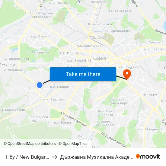 Нбу / New Bulgarian University (0069) to Държавна Музикална Академия - Инструментален Факултет map