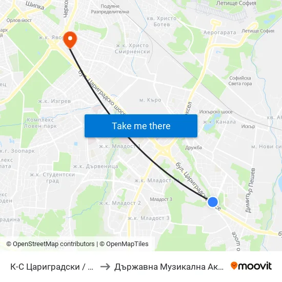 К-С Цариградски / Tsarigradski Complex (2643) to Държавна Музикална Академия - Инструментален Факултет map