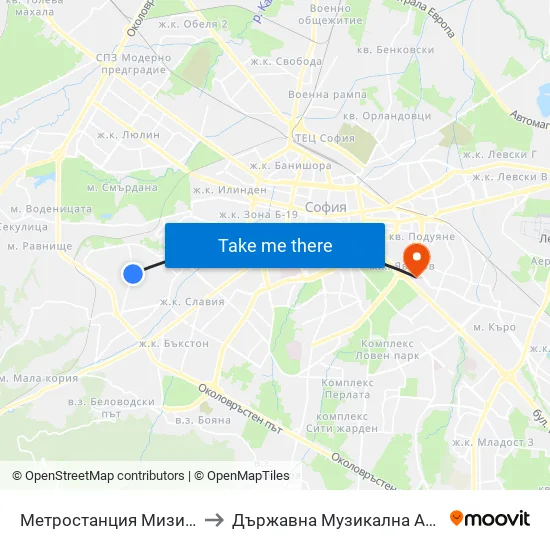 Ⓜ️ Метростанция Мизия / Moesia Metro Station (0361) to Държавна Музикална Академия - Инструментален Факултет map