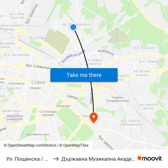 Ул. Пощенска / Poshtenska St. (0046) to Държавна Музикална Академия - Инструментален Факултет map