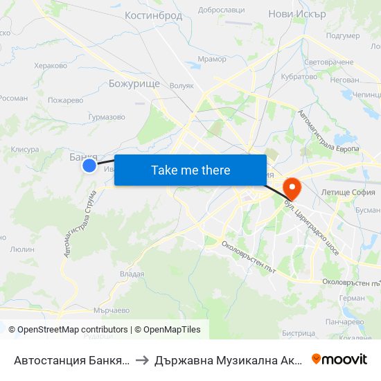Автостанция Банкя / Bankya Bus Station (0050) to Държавна Музикална Академия - Инструментален Факултет map