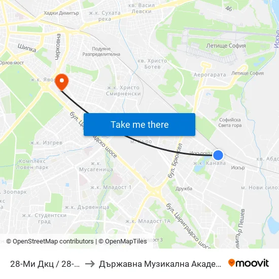28-Ми Дкц / 28-Th Polyclinic (0025) to Държавна Музикална Академия - Инструментален Факултет map
