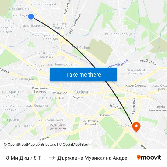 8-Ми Дкц / 8-Th Polyclinic (0044) to Държавна Музикална Академия - Инструментален Факултет map