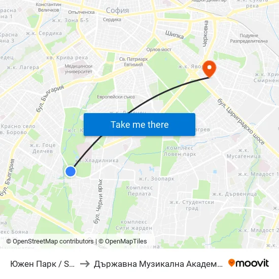 Южен Парк / South Park (0861) to Държавна Музикална Академия - Инструментален Факултет map