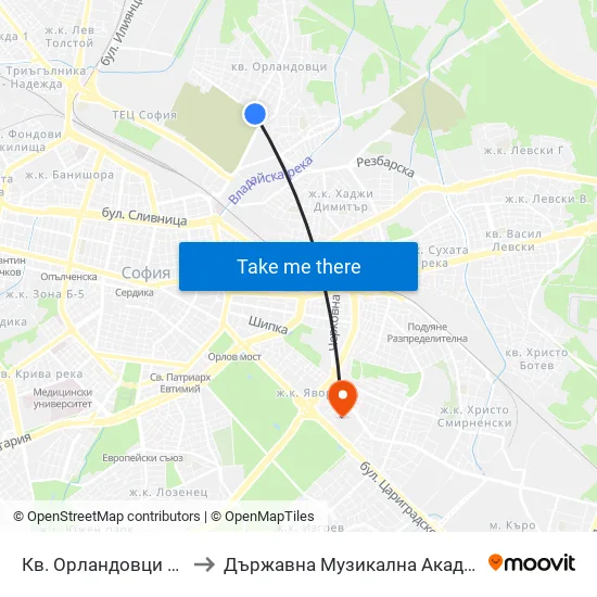 Кв. Орландовци / Orlandovtsi Qr. (0887) to Държавна Музикална Академия - Инструментален Факултет map