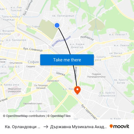 Кв. Орландовци / Orlandovtsi Qr. (0884) to Държавна Музикална Академия - Инструментален Факултет map