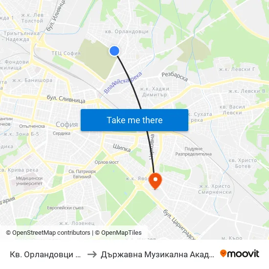 Кв. Орландовци / Orlandovtsi Qr. (0884) to Държавна Музикална Академия - Инструментален Факултет map