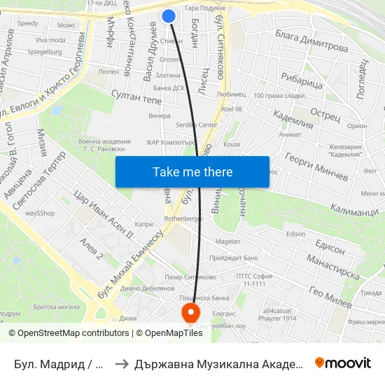 Бул. Мадрид / Madrid Blvd. (0338) to Държавна Музикална Академия - Инструментален Факултет map