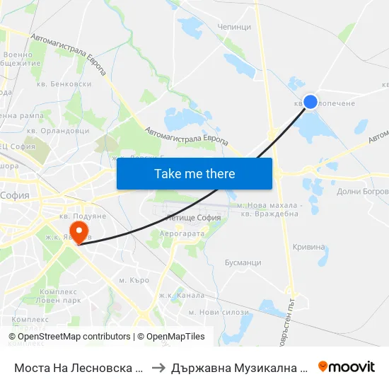 Моста На Лесновска Река / Lesnovska River Bridge (1687) to Държавна Музикална Академия - Инструментален Факултет map