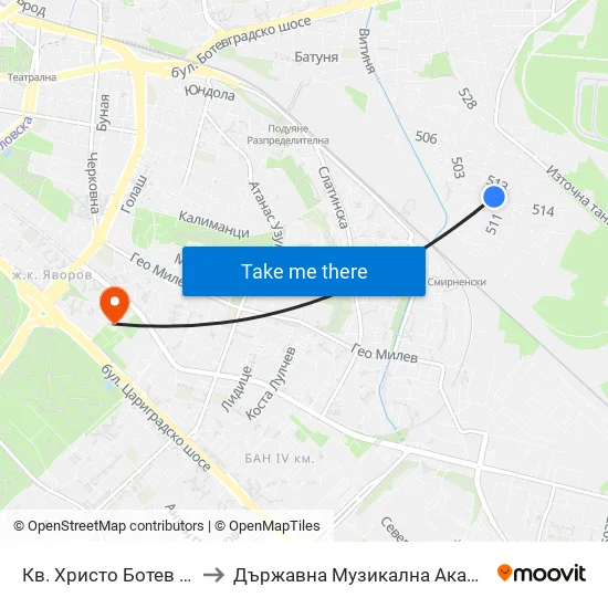 Кв. Христо Ботев / Hristo Botev Qr. (0913) to Държавна Музикална Академия - Инструментален Факултет map