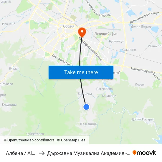 Албена / Albena (0071) to Държавна Музикална Академия - Инструментален Факултет map