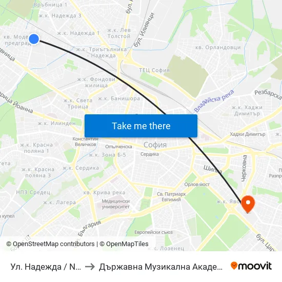 Ул. Надежда / Nadezhda St. (2051) to Държавна Музикална Академия - Инструментален Факултет map