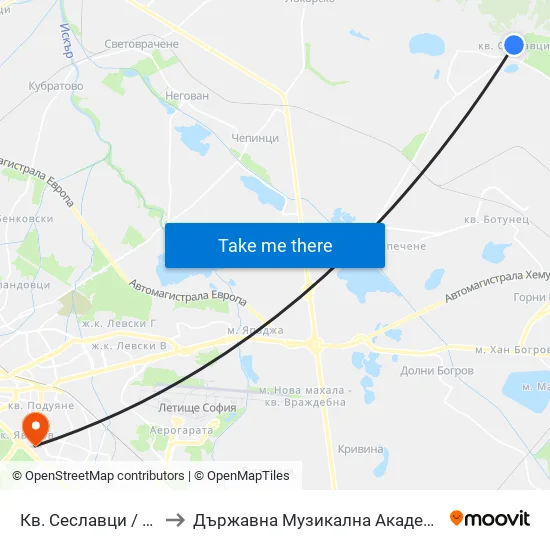 Кв. Сеславци / Seslavtsi Qr. (0898) to Държавна Музикална Академия - Инструментален Факултет map