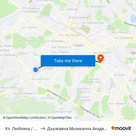 Ул. Любляна / Ljubljana St. (2606) to Държавна Музикална Академия - Инструментален Факултет map