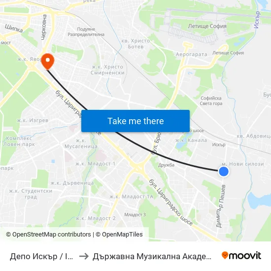 Депо Искър / Iskar Depot (0520) to Държавна Музикална Академия - Инструментален Факултет map