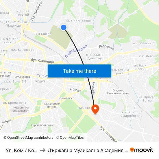 Ул. Ком / Kom St. (2600) to Държавна Музикална Академия - Инструментален Факултет map