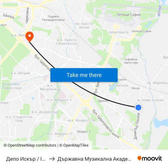 Депо Искър / Iskar Depot (0515) to Държавна Музикална Академия - Инструментален Факултет map