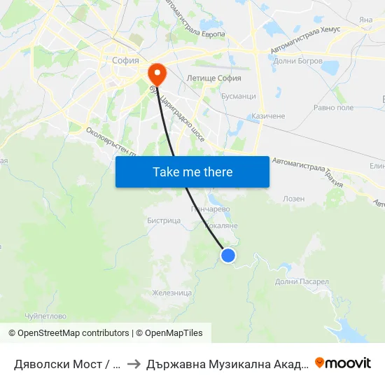 Дяволски Мост / Dyavolski Bridge (0557) to Държавна Музикална Академия - Инструментален Факултет map
