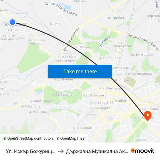 Ул. Искър Божурище / Iskar St. Bozhurishte(2604) to Държавна Музикална Академия - Инструментален Факултет map
