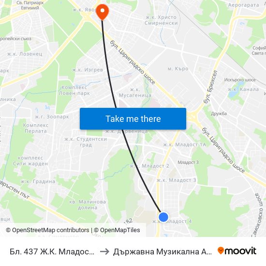 Бл. 437 Ж.К. Младост 4 / Bl. 437, Mladost 4 Qr. (0220) to Държавна Музикална Академия - Инструментален Факултет map