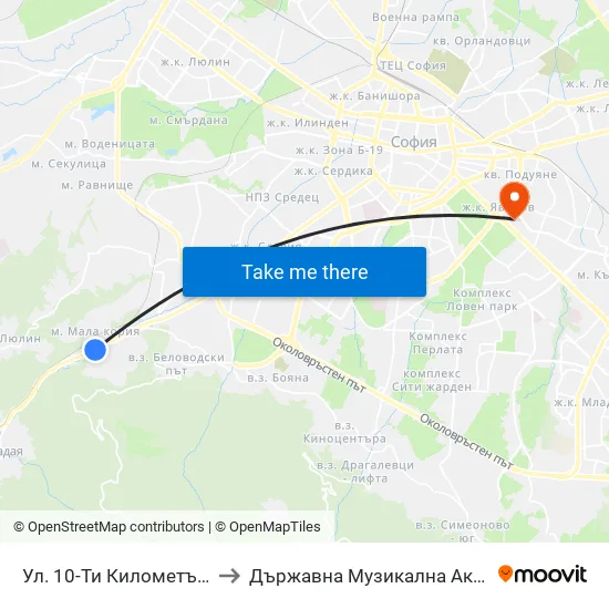 Ул. 10-Ти Километър / 10-Ti Kilometar St. (0521) to Държавна Музикална Академия - Инструментален Факултет map