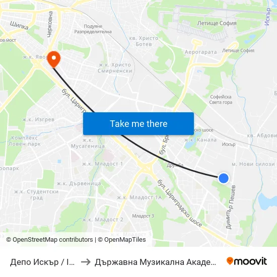 Депо Искър / Iskar Depot (0517) to Държавна Музикална Академия - Инструментален Факултет map