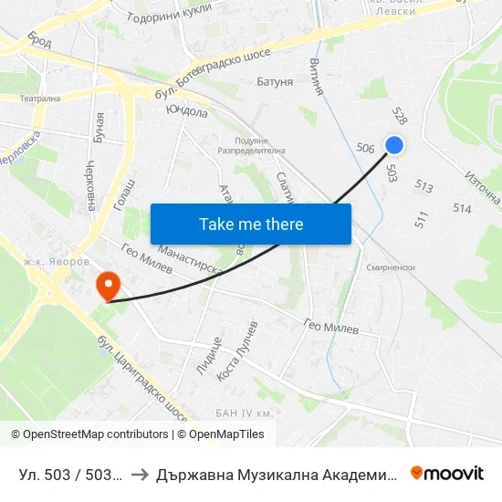 Ул. 503 / 503-Rd St. (1064) to Държавна Музикална Академия - Инструментален Факултет map