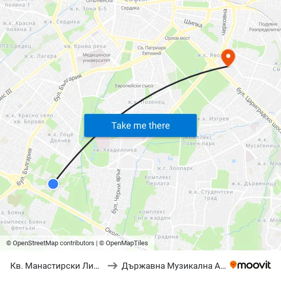 Кв. Манастирски Ливади / Manastirski Livadi Qr. (0867) to Държавна Музикална Академия - Инструментален Факултет map