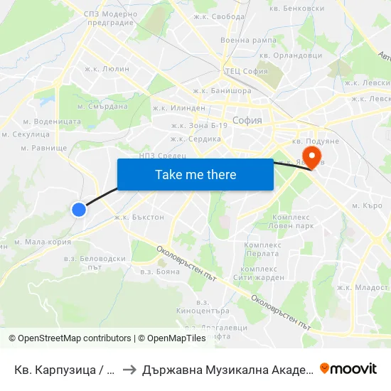 Кв. Карпузица / Karpuzitsa Qr. (0849) to Държавна Музикална Академия - Инструментален Факултет map