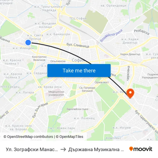 Ул. Зографски Манастир / Zografski Manastir St. (1948) to Държавна Музикална Академия - Инструментален Факултет map