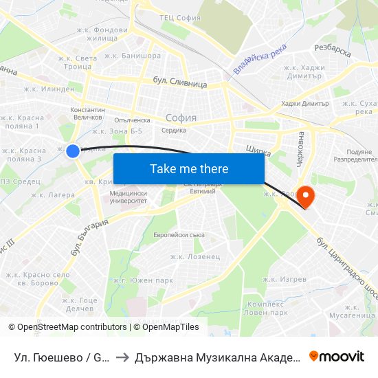 Ул. Гюешево / Gyueshevo St. (1157) to Държавна Музикална Академия - Инструментален Факултет map