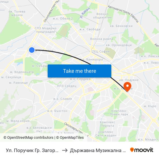 Ул. Поручик Гр. Загорски / Poruchik Gr. Zagorski St. (2133) to Държавна Музикална Академия - Инструментален Факултет map