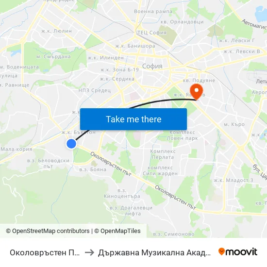 Околовръстен Път / Ring Road (1179) to Държавна Музикална Академия - Инструментален Факултет map